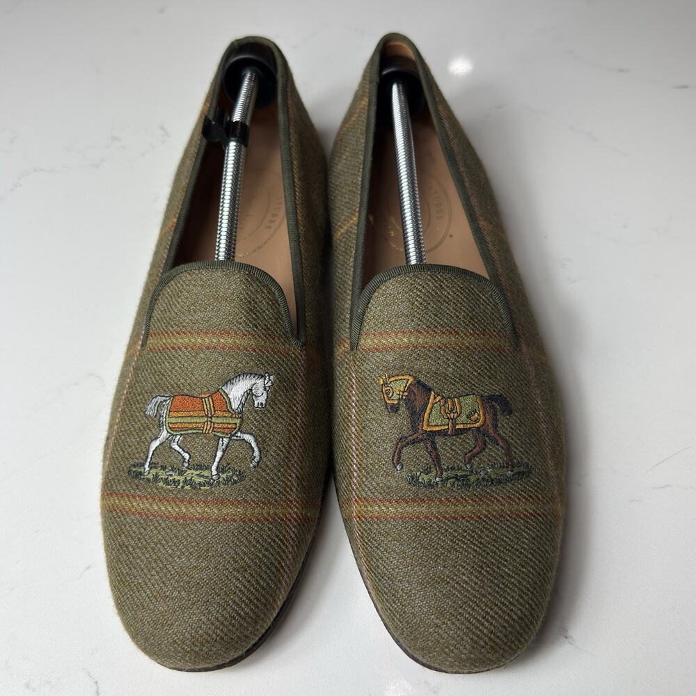 Stubbs & Wootton Men’s Green Wool Tartan Plaid Loafers Embroidered Horses Sz 14